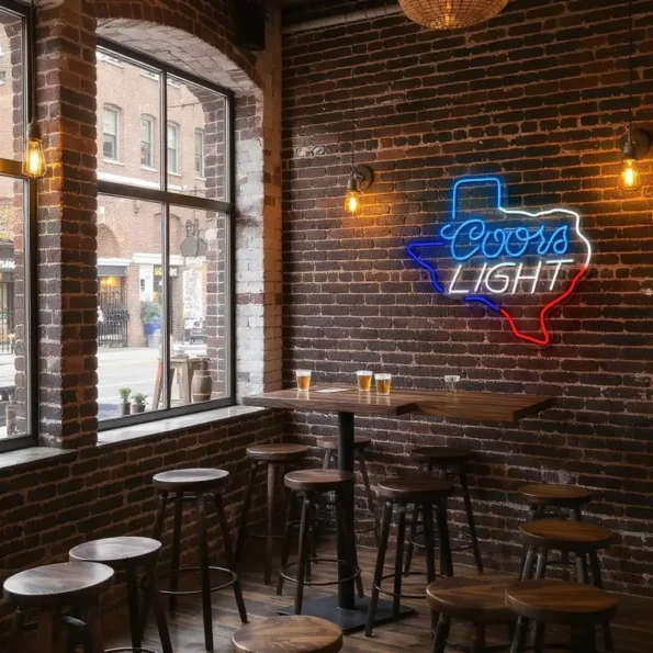 vibrant coors light neon sign in texas shape for home bar decor premium grade.webp