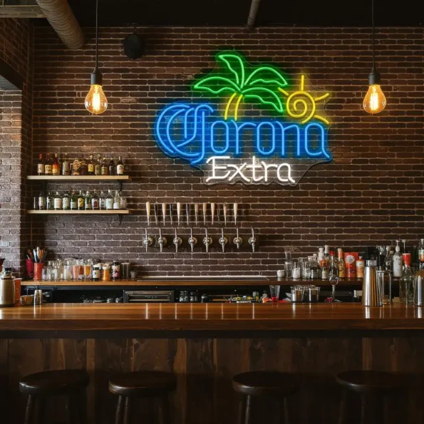 vibrant neon corona extra sign with palm tree and sun design high quality.webp