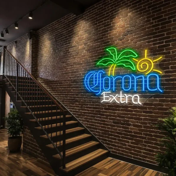 vibrant neon corona extra sign with palm tree and sun design premium grade.webp